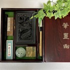 Antique Chinese Calligraphy Set  Wooden Inkstone Box  Dragon Sculpture  Brush