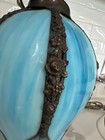 Vintage Slag Glass Hanging Lamp Featuring A Tulip-shaped Design With Brass Metal