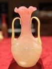 Antique Victorian Uranium Opalescent Pink Double Handle Glass Vase 1890s  Glow
