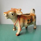 Vtg Brown Cow Creamer Ceramic Switzerland Souvenir Red Ribbon Metal Bell