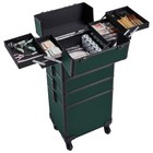 Aluminum Cosmetic Case 4-in-1 Professional Trolley Makeup Train Case Dark Green