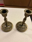 Two Ornate Antique Brass Candlestick Holders 4 5 8    Tall Marked  china  On Base