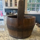 Antique Primitive Wooden Water Bucket Pail W  Handle   Metal Banding 25x20