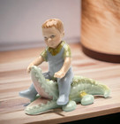 Ceramic Boy With Alligator Figurine  Nursery Room Decor  Baby Shower Gift  Home