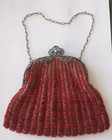 Antique Art Deco Silver Floral Filigree Frame Knit Red Beaded Purse