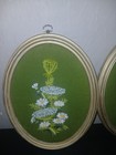 2 Vintage Embroidered Floral Oval Wall Art Set Botanical Garden Decor