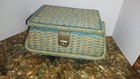 Vintage Wicker Woven Sewing Basket Box Blue Satin Quilted With Notions Japan