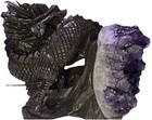 Purple Fantasy Dragon Statue Figurine With Purple Crystal Cluster Geode