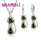 3pcs- 925 Sterling Silver Cat Jewelry Set Crystal Necklace Earrings Women Gift