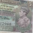 Burma 5 Rupees Banknote Military Admin Ww2 Era 1945 Bank Of India King George Vi