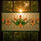 Art Nouveau Floral Stained Glass Window Panel Fleur De Lis Suncatcher 32 Inch