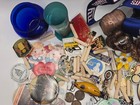 Vintage Estate Junk Drawer Lot Coins Salt   Pepper Shaker Cobalt Blue Lapel Pins