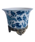 Rare Vintage Blue   White Profile Pedestal Pot China Floral Porcelain Planter