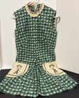 50s-60s Vintage Dress Plaid Sleeveless Green Blue Embroidered Figures On Pockets