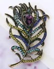 Peacock Feather Blue Green Rhinestone Vintage Gold Pin Brooch D-5624