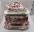 Vtg Red Transfer Ware Iron Stone So Tureen Set Lid Underplate Ladle Castle Scene