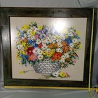 Crewel Flower Basket Floral Bouquet Embroidery Large Framed Cottage 36    Vintage
