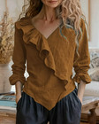 Womens V Neck Long Sleeve Ruffle Blouse Cotton Linen Casual Loose Top Shirt