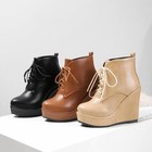 Womens Round Toe Lace Up Platform Ankle Boots Wedges High Heel Boots Roman Shoes