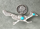 Vintage Roadrunner Pin Turquoise Snake Eyes Sterling Silver Hand Stamped
