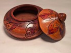Turned Wood Lid Bowl Hand Carved Stained  Tropic Flora Design 6 X 4 5 In