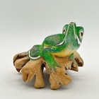 Carved Burl Wood Green Frog Figurine 3 5 X 3 5 Inches White Trim Very Cool