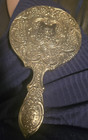 Vintage Silver-plated Metal Ornate Floral Design Hand-held Vanity Mirror 