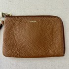 Fossil Tara Wristlet Brown Pebbled Leather Gold Zipper White Tassel 4x6   