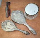 Vintage Silver Plated Vanity Set W  Hand Mirror Brush Comb Lidded mirrored Jar
