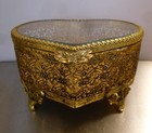 Vtg Heart Shaped Trinket Box Casket Beveled Glass Filigree Ormolu Brass  Footed