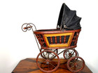 Vtg Victorian Baby Doll Carriage Pram Buggy Stroller Ornate Wood Metal Canvas