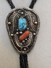 Vintage Spencer Navajo Turquoise   Coral Bolo Tie  Sterling   27 Grams  Signed 