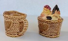Vintage  Rossini Ceramic Chicken Sugar And Creamer Hen On Nest Basket Weave
