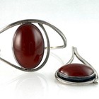 Vtg 925 Sterling Silver Carnelian Gem Cuff Bracelet   Matching Pendant