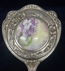 Antique 1905 Art Nouveau Silver Plated   Porcelain Hand Mirror 10 25   