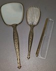 Vintage Mcm Hand Mirror Brush Comb Set Vanity Dresser Gold Tone Floral