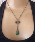 Vintage Necklace Art Nouveau  Lavalier Brass Pendant Green Antique Czech Glass