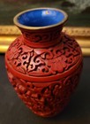 Chinese Vintage 5    Hand Carved Red Cinnabar Vase Blue Enamel Over Brass 