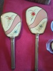 Vintage 1940s Victorian Style Floral Gilt White Vanity Mirror  Brush Set