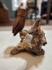 Hand Carved Wooden Owl Sculpture On Driftwood Base Rustic Cabin Lodge Decor Folk