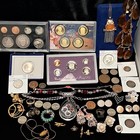 Junk Drawer Estate Sale Coin   Jewelry Lot Proof Sets Silver Coins Rhinestones