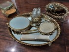 Vintage Gold-tone Vanity Dresser Set Mirror Tray  Hand Mirrors  Brush  Comb  Box