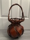 Vintage Japanese Lacquered Ikebana Basket Handwoven Bamboo Vase W pot Insert 16   