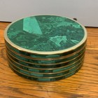Malachite Stone Brass Art Deco Round Trinket Vintage Jewelry Box