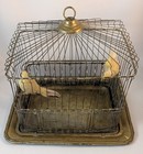 Antique Hendryx Brass Bird Cage With Two Decorative Birds Perched Inside