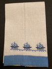 Nautical Sailing Ships Guest Hand Bar Linen Vintage Towel Boat Embroidered Blue