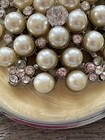 Vintage Faux Pearl And Clear Rhinestone Creamy Enamel Compact Mirror Silvertone