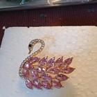 Gold Tone Rhinestone Swan Bird Brooch Pin  Pink Marquise Stones