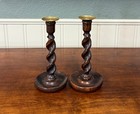 Antique English Barley Twist Candlesticks Candle Holders Oak Pair 10 5  Tall