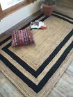 Rectangle Rug Runner Jute Braided Carpet Modern Black Line Living Area Rug Mat
